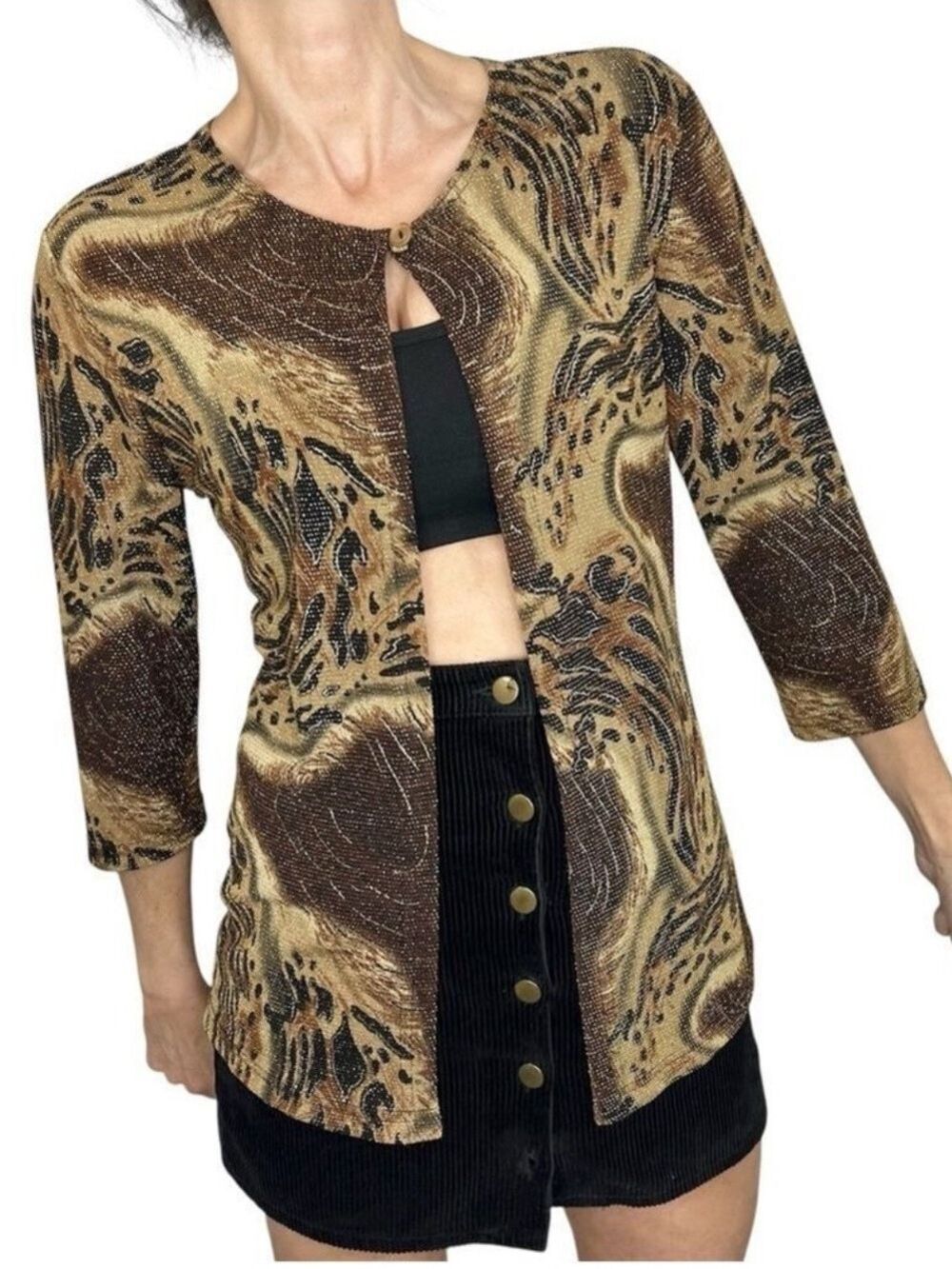 Retro Stretchy brown tan animal print metallic gold fleck 3/4 sleeve cardigan